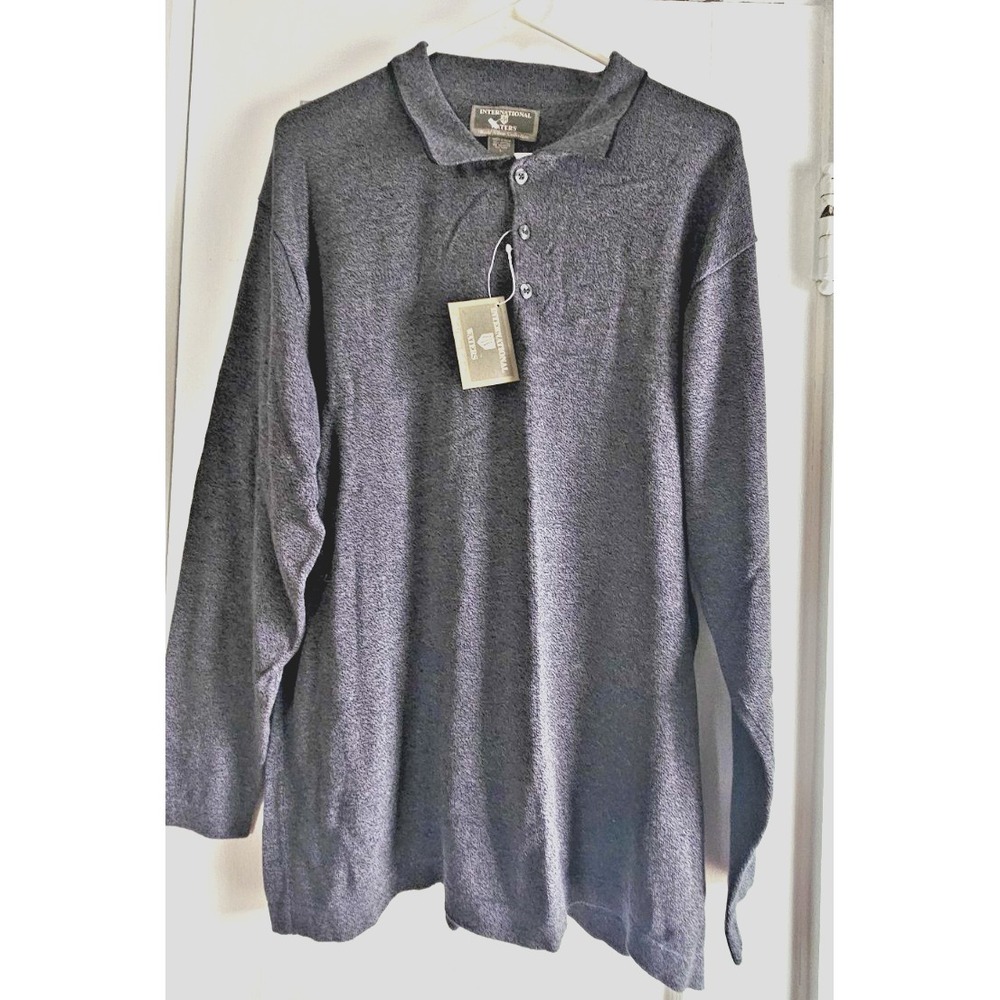 NWT International Waters men's L gray knit 100% cotton Polo pullover long sleeve